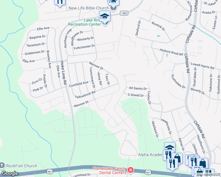 map of restaurants, bars, coffee shops, grocery stores, and more near 1925 Lass Street in Fayetteville