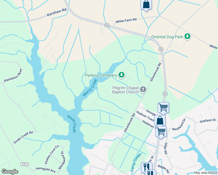 map of restaurants, bars, coffee shops, grocery stores, and more near 373 Stillwater Lane in Oriental