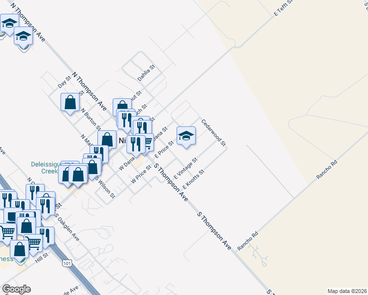 map of restaurants, bars, coffee shops, grocery stores, and more near 190 East Price Street in Nipomo