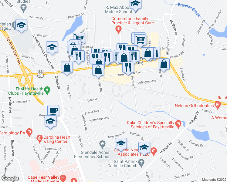 map of restaurants, bars, coffee shops, grocery stores, and more near 2713 Preston Woods Lane in Fayetteville