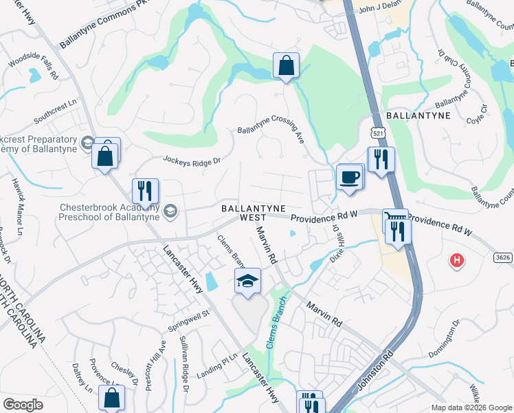 map of restaurants, bars, coffee shops, grocery stores, and more near 11545 Innes Court in Charlotte