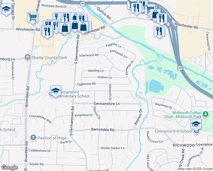 map of restaurants, bars, coffee shops, grocery stores, and more near 7355 Hollorn Lane in Memphis