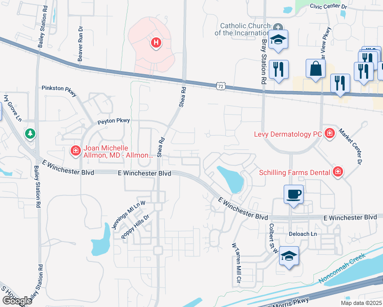 map of restaurants, bars, coffee shops, grocery stores, and more near 1369 Calumet Farms Drive in Collierville
