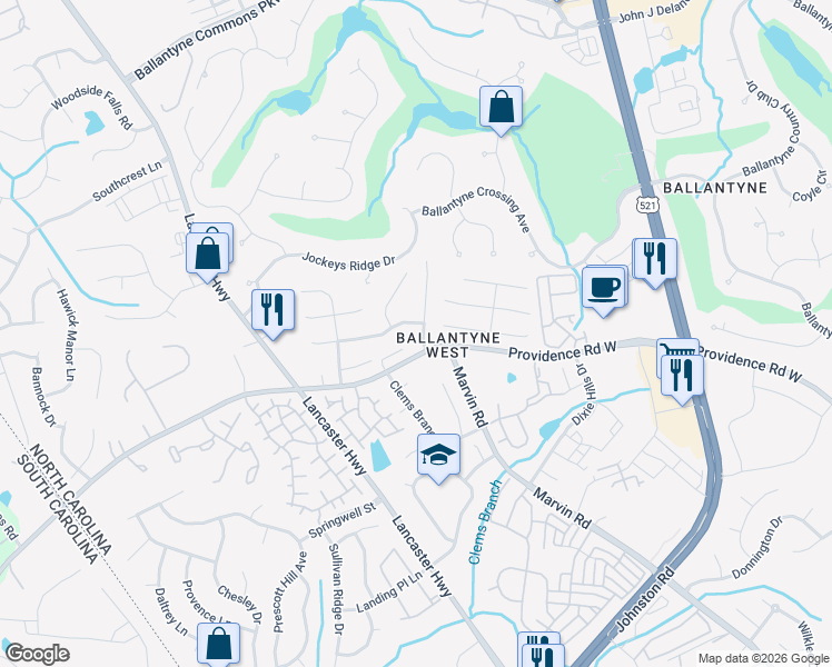 map of restaurants, bars, coffee shops, grocery stores, and more near 11716 Hawick Valley Lane in Charlotte