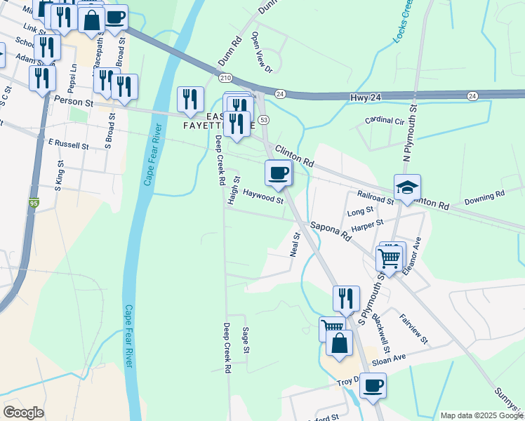 map of restaurants, bars, coffee shops, grocery stores, and more near 1331-1401 Haywood Street in Fayetteville