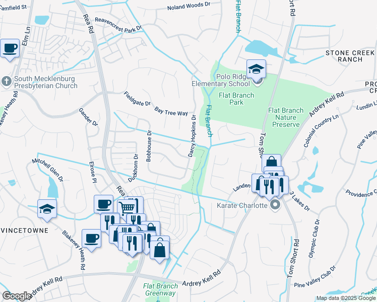 map of restaurants, bars, coffee shops, grocery stores, and more near 8706 Darcy Hopkins Drive in Charlotte