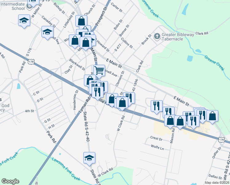 map of restaurants, bars, coffee shops, grocery stores, and more near 27 Buice Street in Inman
