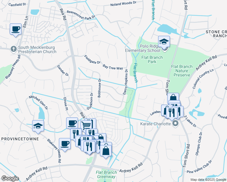 map of restaurants, bars, coffee shops, grocery stores, and more near 8611 Robinson Meadow Court in Charlotte