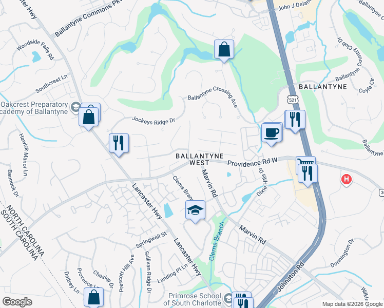 map of restaurants, bars, coffee shops, grocery stores, and more near 11545 Innes Court in Charlotte