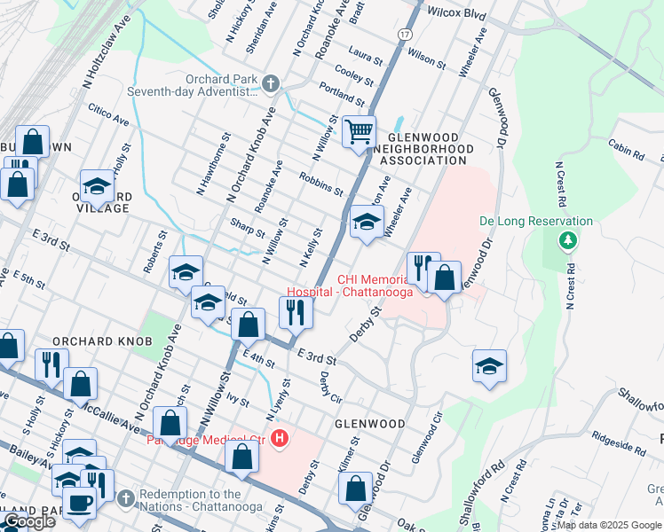 map of restaurants, bars, coffee shops, grocery stores, and more near 710 Dodson Avenue in Chattanooga