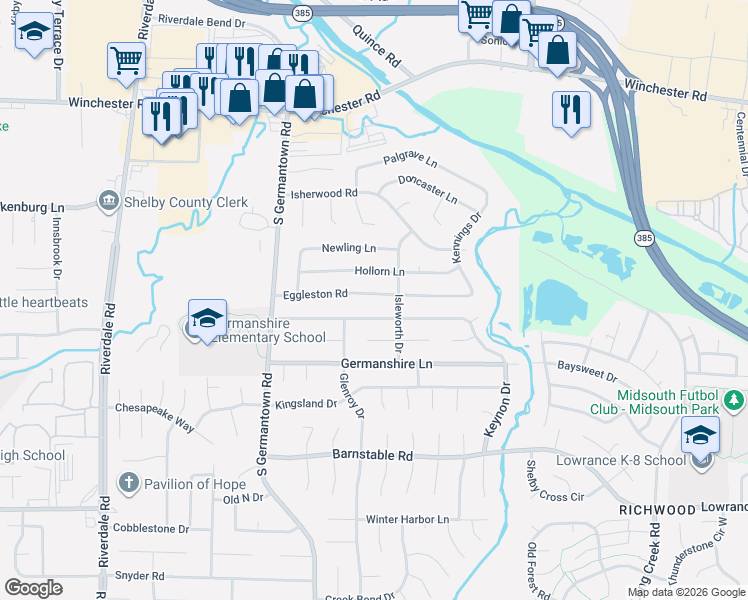 map of restaurants, bars, coffee shops, grocery stores, and more near 7307 Hollorn Lane in Memphis