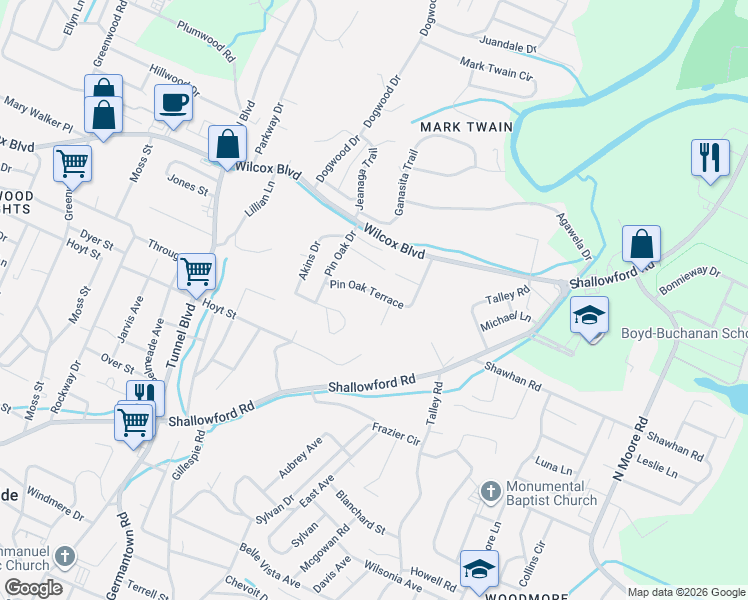 map of restaurants, bars, coffee shops, grocery stores, and more near 3830 Pin Oak Terrace in Chattanooga