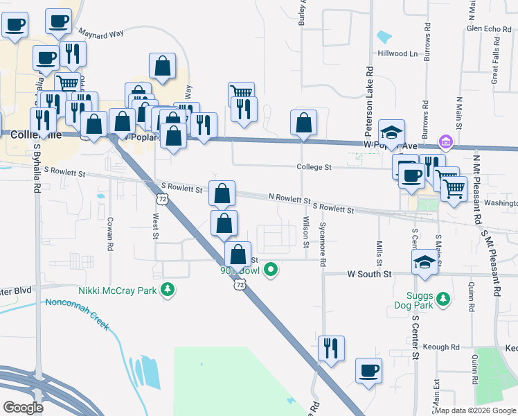 map of restaurants, bars, coffee shops, grocery stores, and more near 434 North Rowlett Street in Collierville