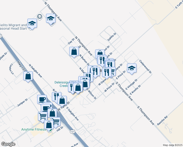 map of restaurants, bars, coffee shops, grocery stores, and more near West Branch Street in Nipomo
