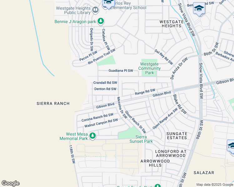 map of restaurants, bars, coffee shops, grocery stores, and more near 10601 Golinda Road Southwest in Albuquerque