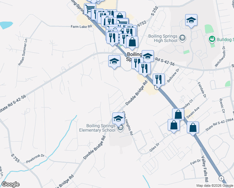 map of restaurants, bars, coffee shops, grocery stores, and more near 811 Double Bridge Road in Boiling Springs