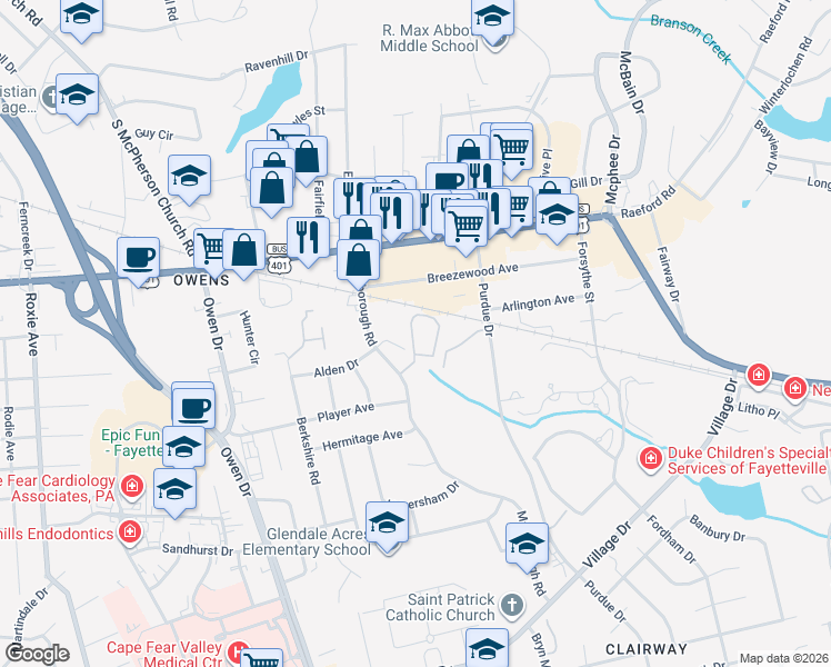map of restaurants, bars, coffee shops, grocery stores, and more near 2789 Alden Drive in Fayetteville