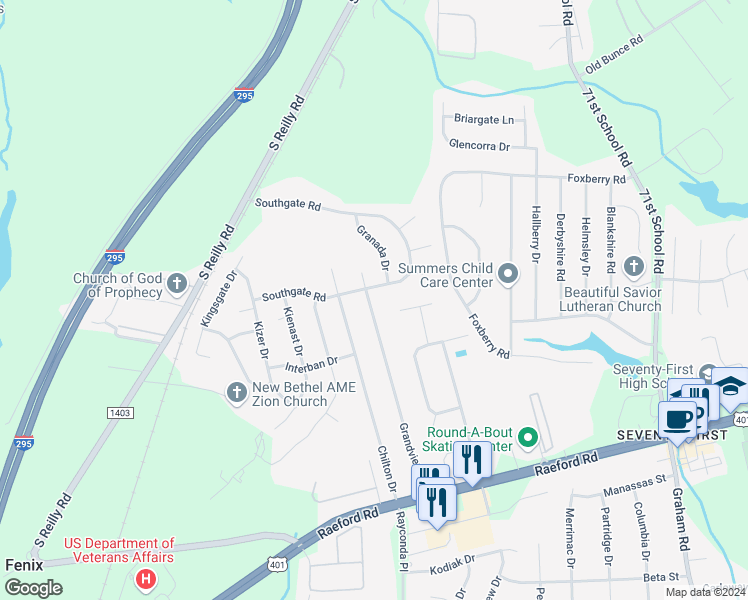 map of restaurants, bars, coffee shops, grocery stores, and more near 1505 Grandview Drive in Fayetteville