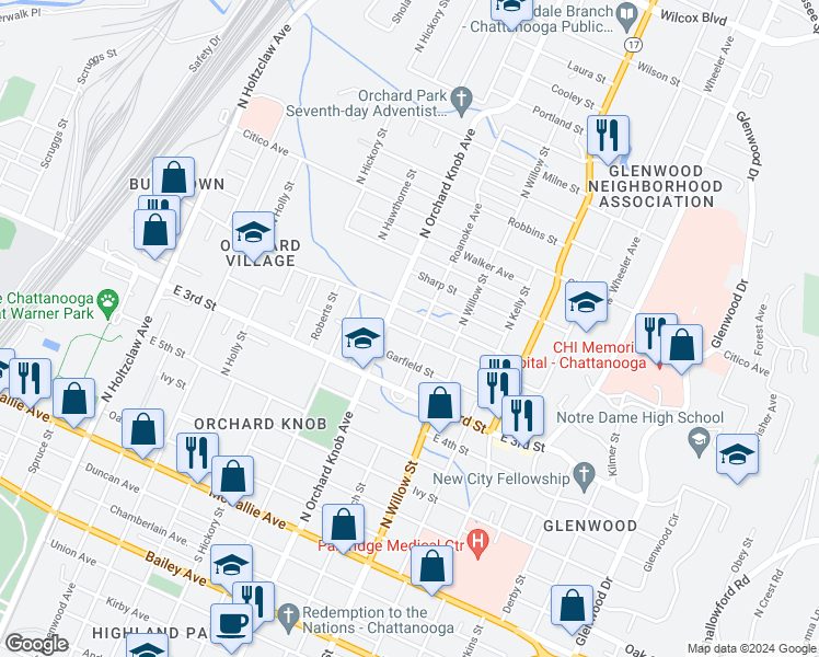 map of restaurants, bars, coffee shops, grocery stores, and more near 1919 Blackford Street in Chattanooga