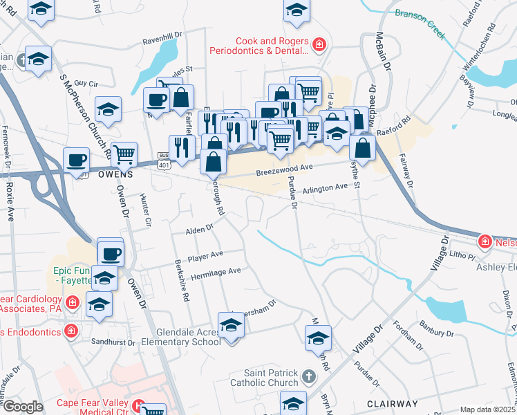 map of restaurants, bars, coffee shops, grocery stores, and more near 2705 Preston Woods Lane in Fayetteville