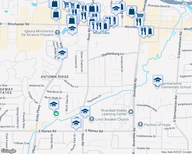 map of restaurants, bars, coffee shops, grocery stores, and more near 3894 Birchshade Cove in Memphis