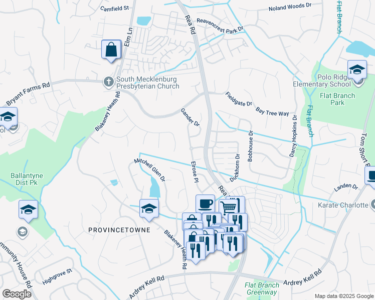 map of restaurants, bars, coffee shops, grocery stores, and more near Elrose Place in Charlotte