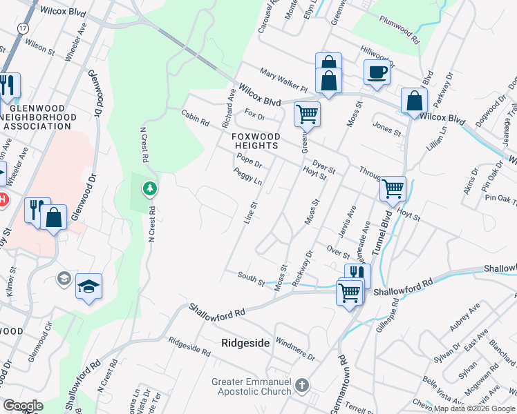 map of restaurants, bars, coffee shops, grocery stores, and more near 1020 Line Street in Chattanooga