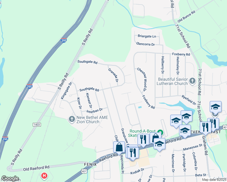 map of restaurants, bars, coffee shops, grocery stores, and more near 1505 Grandview Drive in Fayetteville