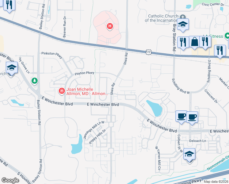 map of restaurants, bars, coffee shops, grocery stores, and more near 1446 Calumet Farms Drive in Collierville