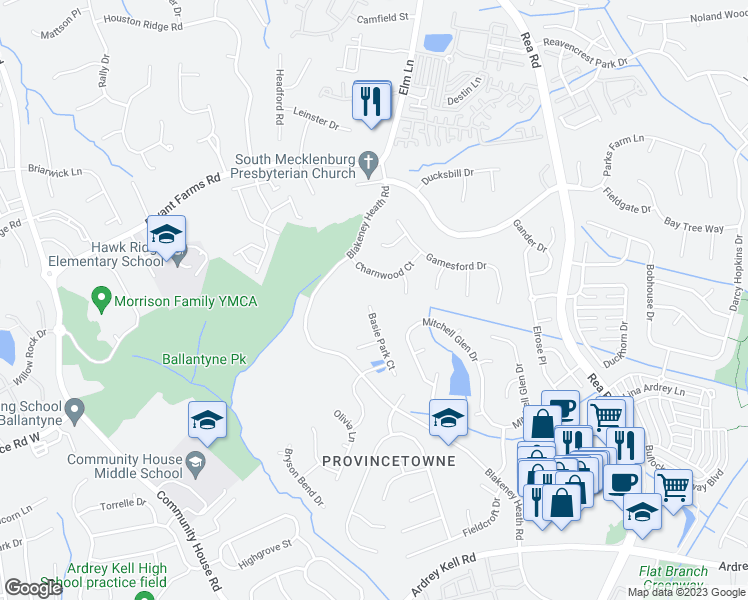 map of restaurants, bars, coffee shops, grocery stores, and more near 7434 Basie Park Court in Charlotte