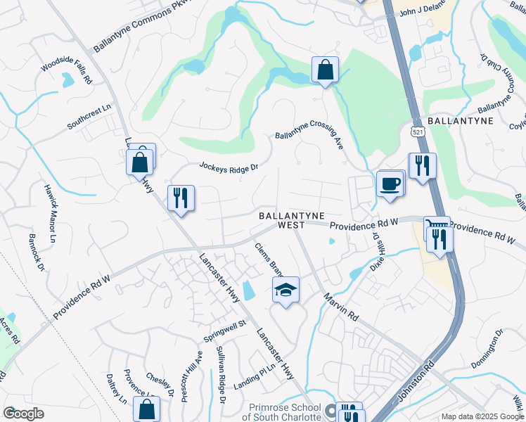 map of restaurants, bars, coffee shops, grocery stores, and more near 11721 Hawick Valley Lane in Charlotte