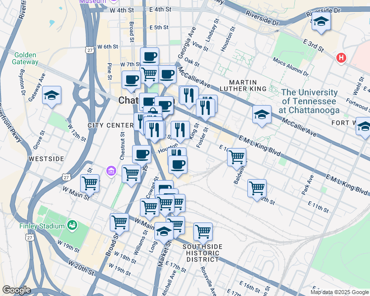 map of restaurants, bars, coffee shops, grocery stores, and more near 231 East 11th Street in Chattanooga