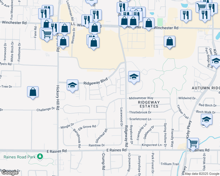 map of restaurants, bars, coffee shops, grocery stores, and more near 3860 Eaglewood Drive in Memphis