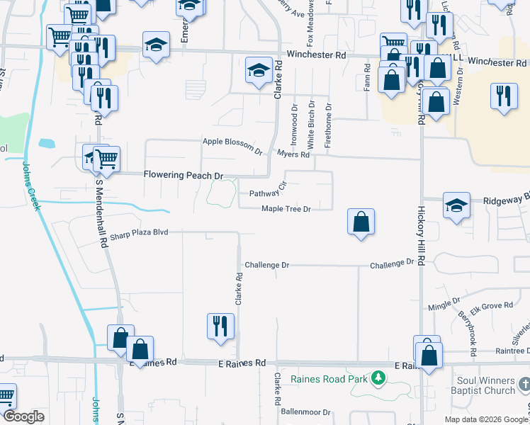 map of restaurants, bars, coffee shops, grocery stores, and more near 5629 Pathway Circle in Memphis