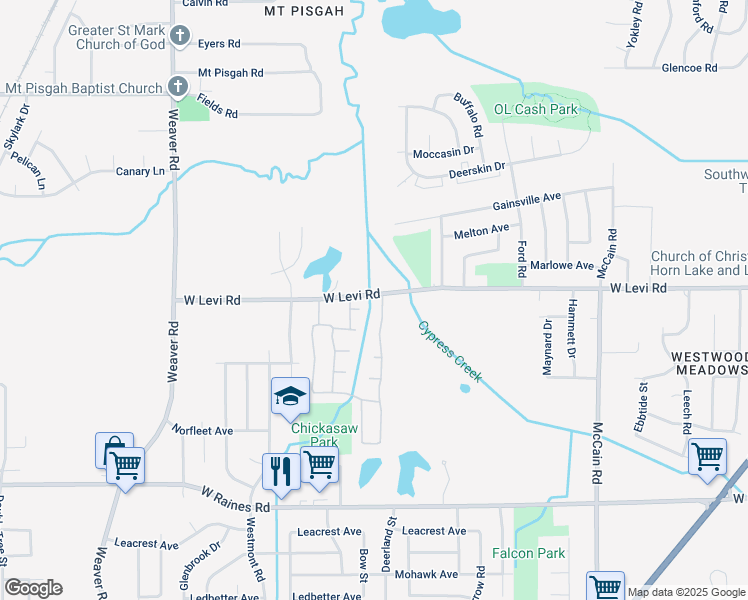 map of restaurants, bars, coffee shops, grocery stores, and more near 745 West Levi Road in Memphis