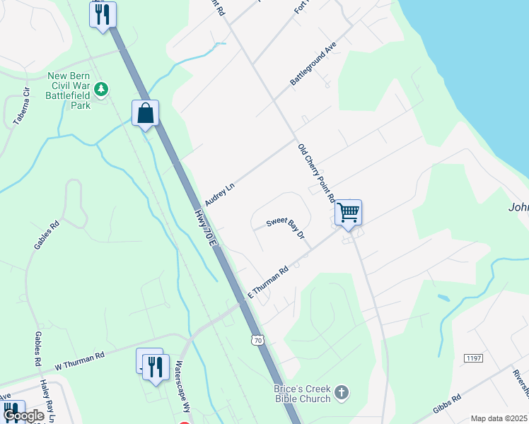 map of restaurants, bars, coffee shops, grocery stores, and more near 121 Oakley Drive in New Bern