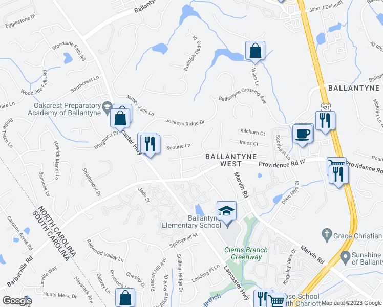 map of restaurants, bars, coffee shops, grocery stores, and more near 11812 Hawick Valley Lane in Charlotte