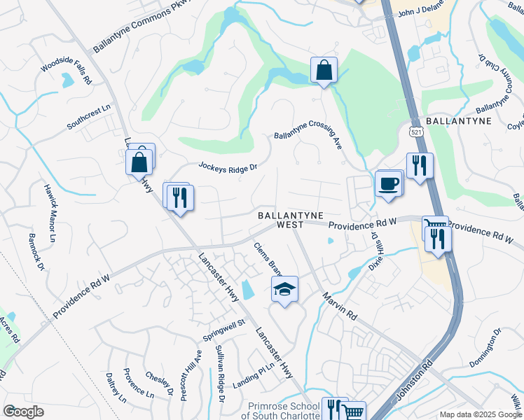map of restaurants, bars, coffee shops, grocery stores, and more near 11721 Hawick Valley Lane in Charlotte