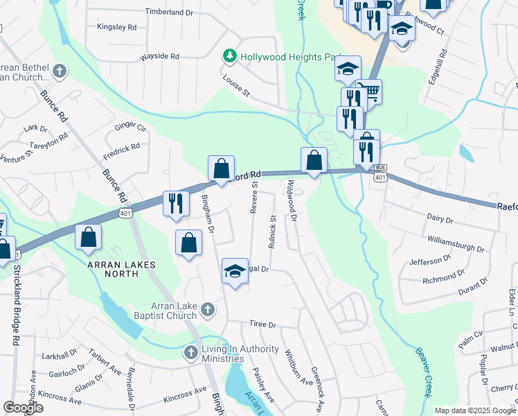 map of restaurants, bars, coffee shops, grocery stores, and more near 1015 Revere Street in Fayetteville