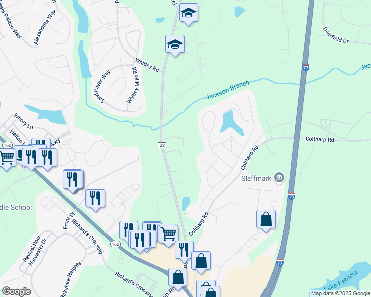 map of restaurants, bars, coffee shops, grocery stores, and more near 610 Timberwood Drive in Fort Mill