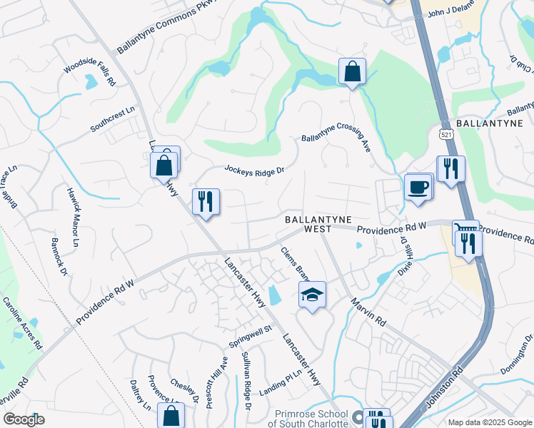map of restaurants, bars, coffee shops, grocery stores, and more near 11806 Hawick Valley Lane in Charlotte