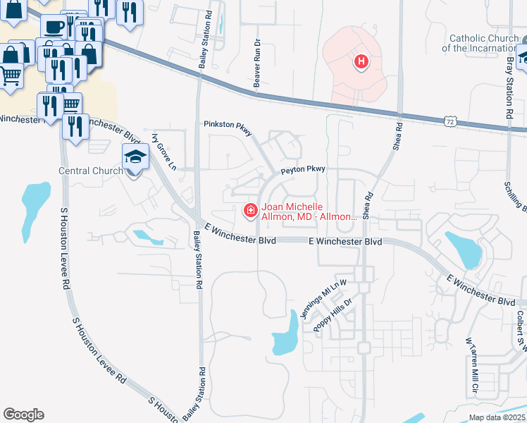 map of restaurants, bars, coffee shops, grocery stores, and more near 1775 Yancey Circle North in Collierville