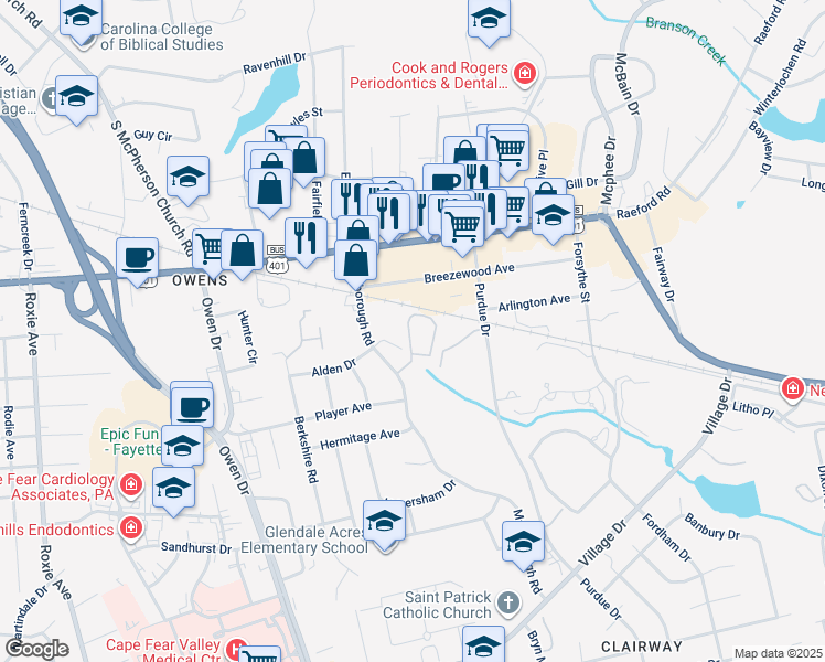 map of restaurants, bars, coffee shops, grocery stores, and more near 2713 Preston Woods Lane in Fayetteville