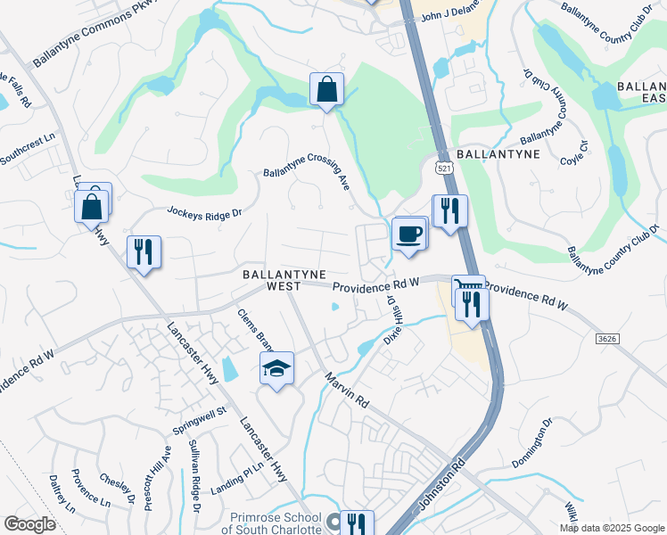 map of restaurants, bars, coffee shops, grocery stores, and more near 11432 McGinns Trace Court in Charlotte