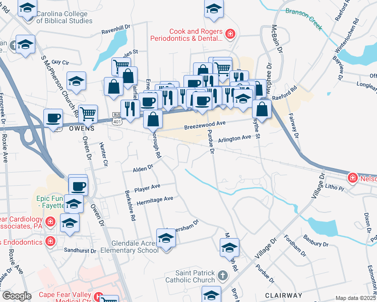 map of restaurants, bars, coffee shops, grocery stores, and more near 2705 Preston Woods Lane in Fayetteville