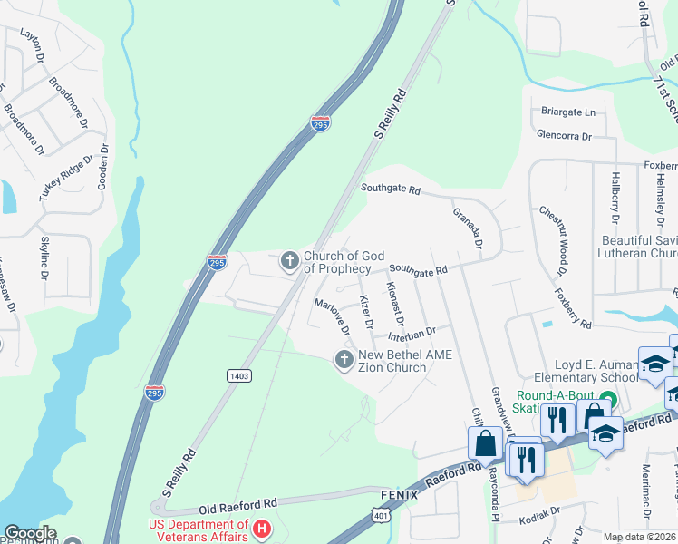 map of restaurants, bars, coffee shops, grocery stores, and more near 6921 Kizer Drive in Fayetteville