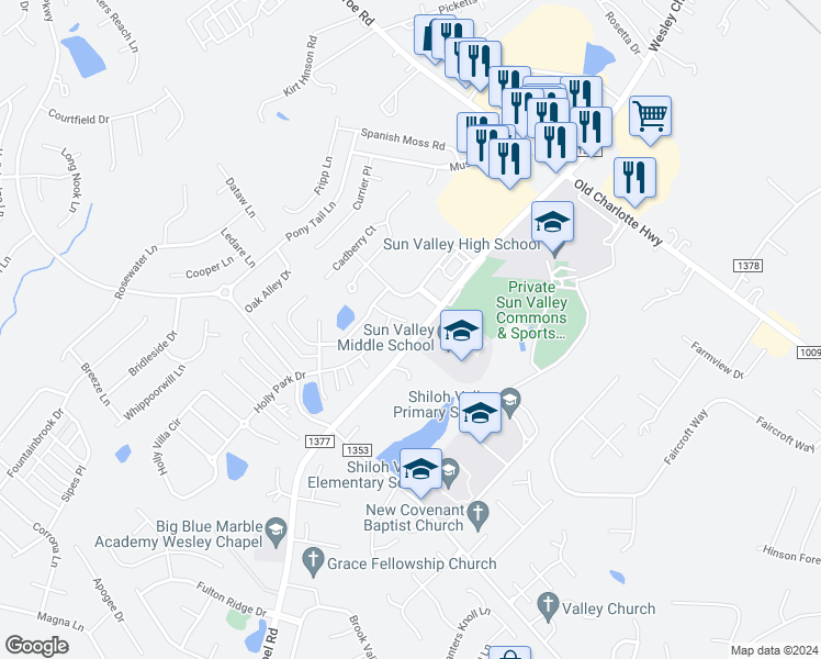map of restaurants, bars, coffee shops, grocery stores, and more near 2012 Helleri Drive in Indian Trail