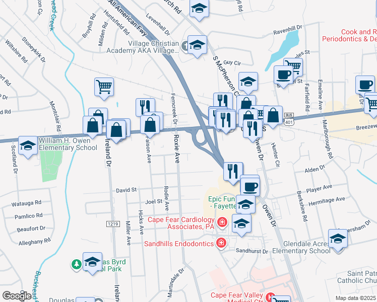 map of restaurants, bars, coffee shops, grocery stores, and more near 3611 Raeford Road in Fayetteville