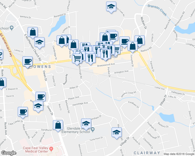 map of restaurants, bars, coffee shops, grocery stores, and more near 2705 Preston Woods Lane in Fayetteville