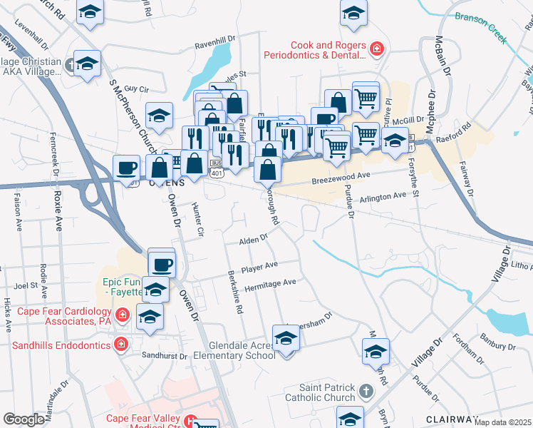 map of restaurants, bars, coffee shops, grocery stores, and more near 1103 Marlborough Road in Fayetteville